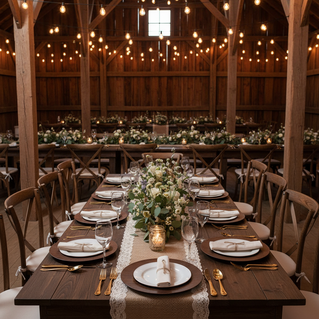 rustic barn wedding reception with Faux Wood Acrylic Charger Plate