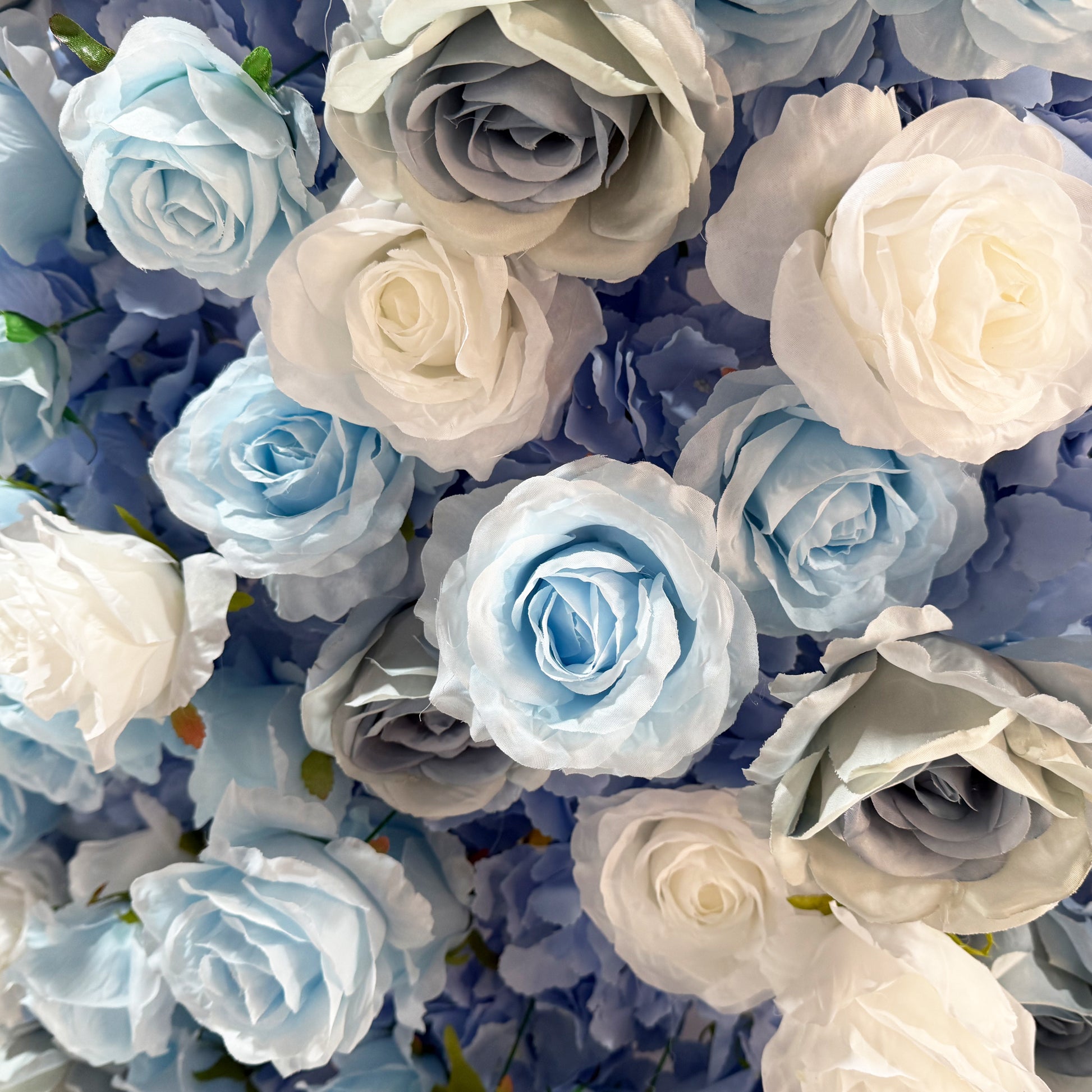 Floral 3D Backdrop Crescent Moon Stand Baby Blue close up of the different blue and white roses
