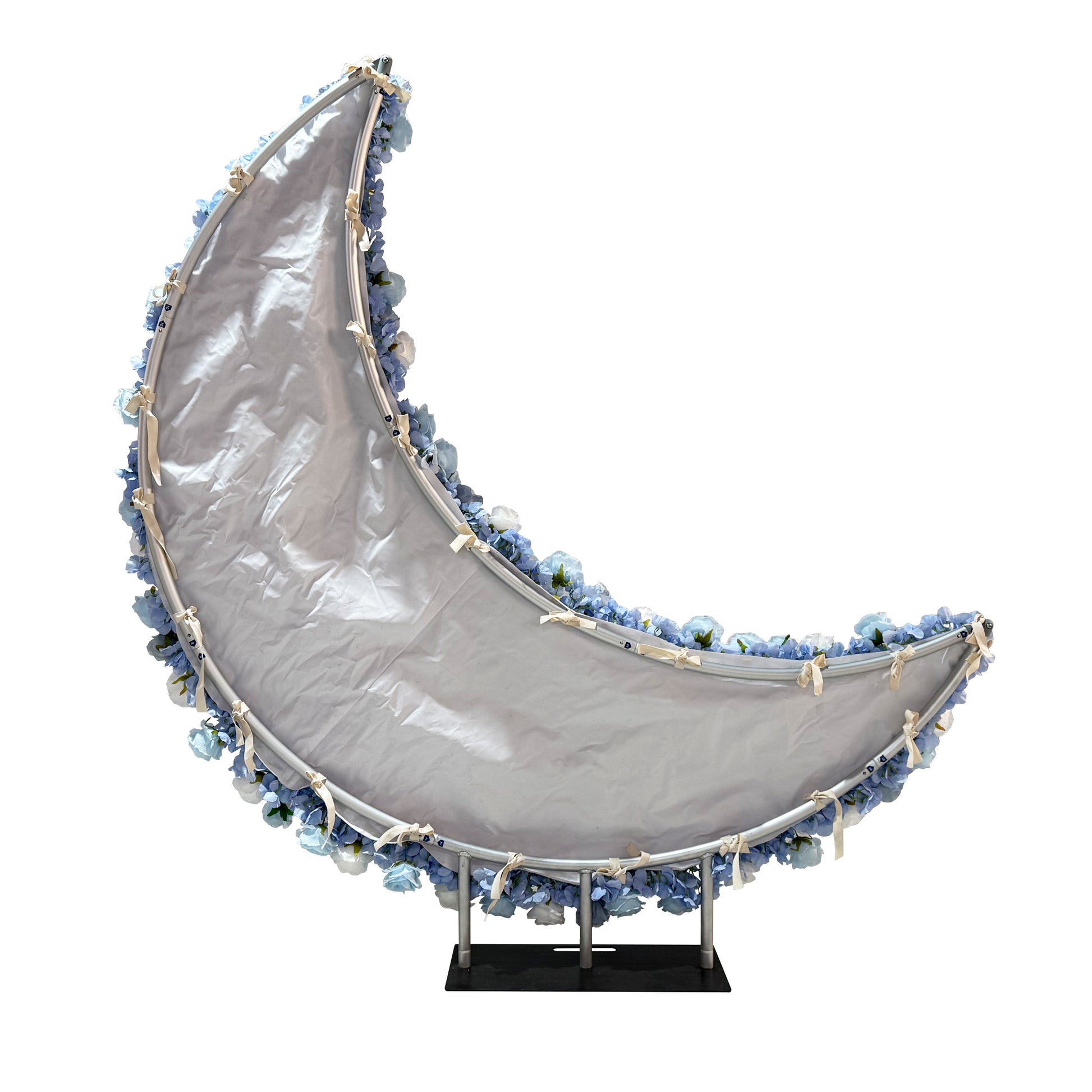 Floral 3D Backdrop Crescent Moon Stand Baby Blue back of cover showing support ties