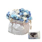 Floral 3D Backdrop Crescent Moon Stand Baby Blue folded to store with extra floral and glue gun