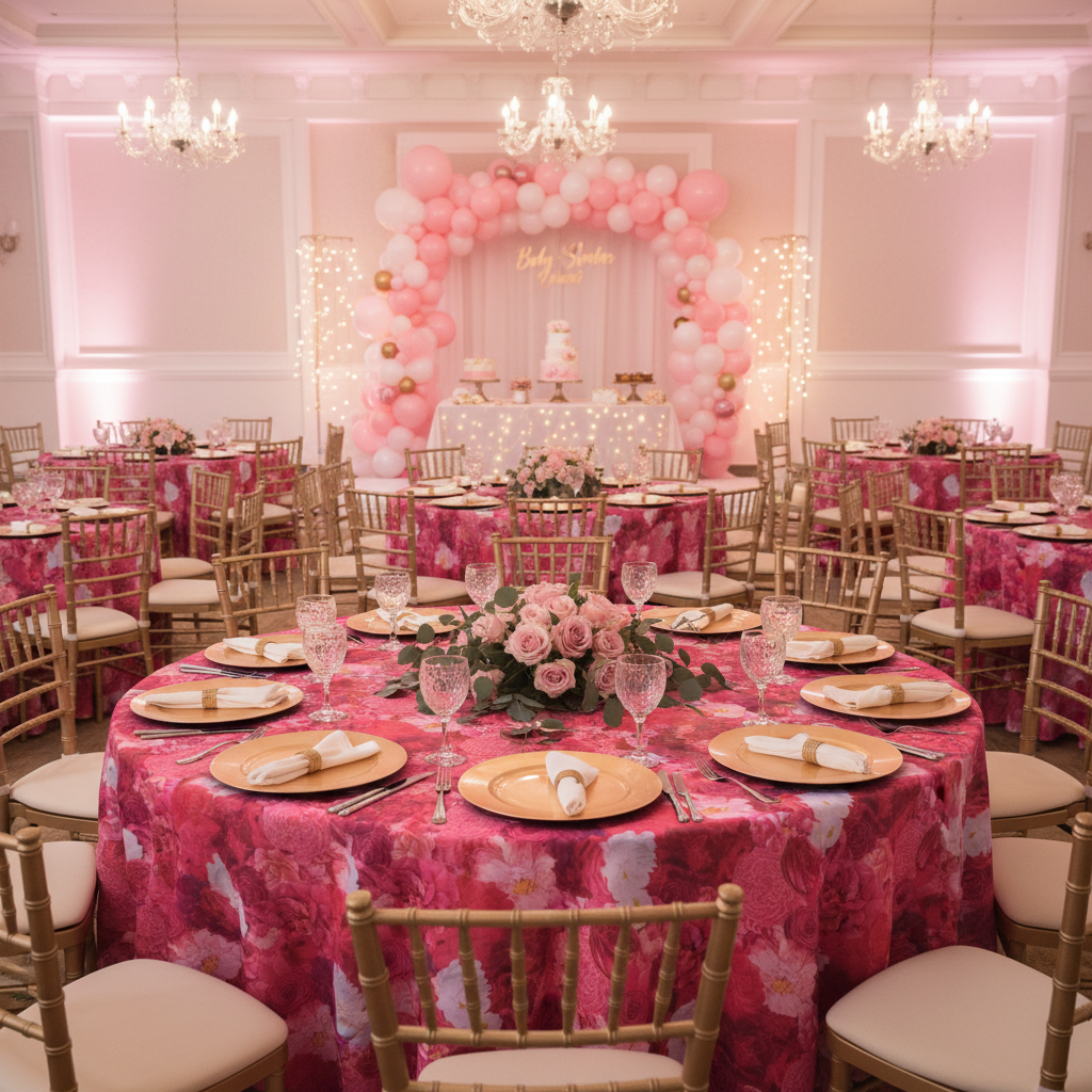 baby girl shower reception with Floral Peony Roses 120" Round Tablecloth - Fuchsia