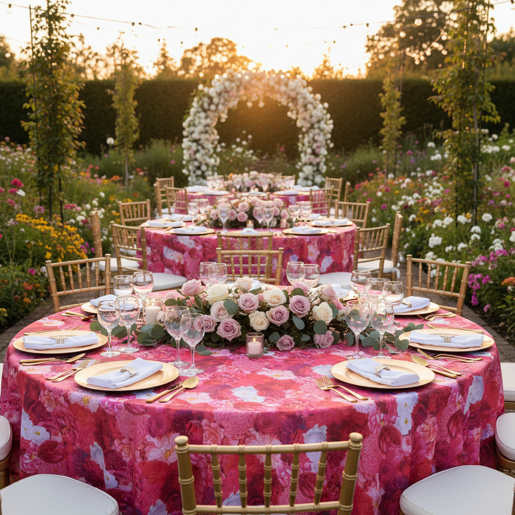 garden wedding reception with Floral Peony Roses 120" Round Tablecloth - Fuchsia
