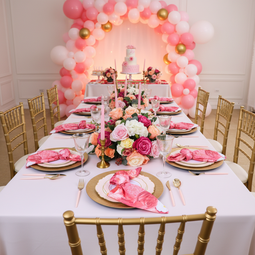 baby shower with Floral Peony Roses 20"x20" Linen Napkin (5pc/pk) - Fuchsia