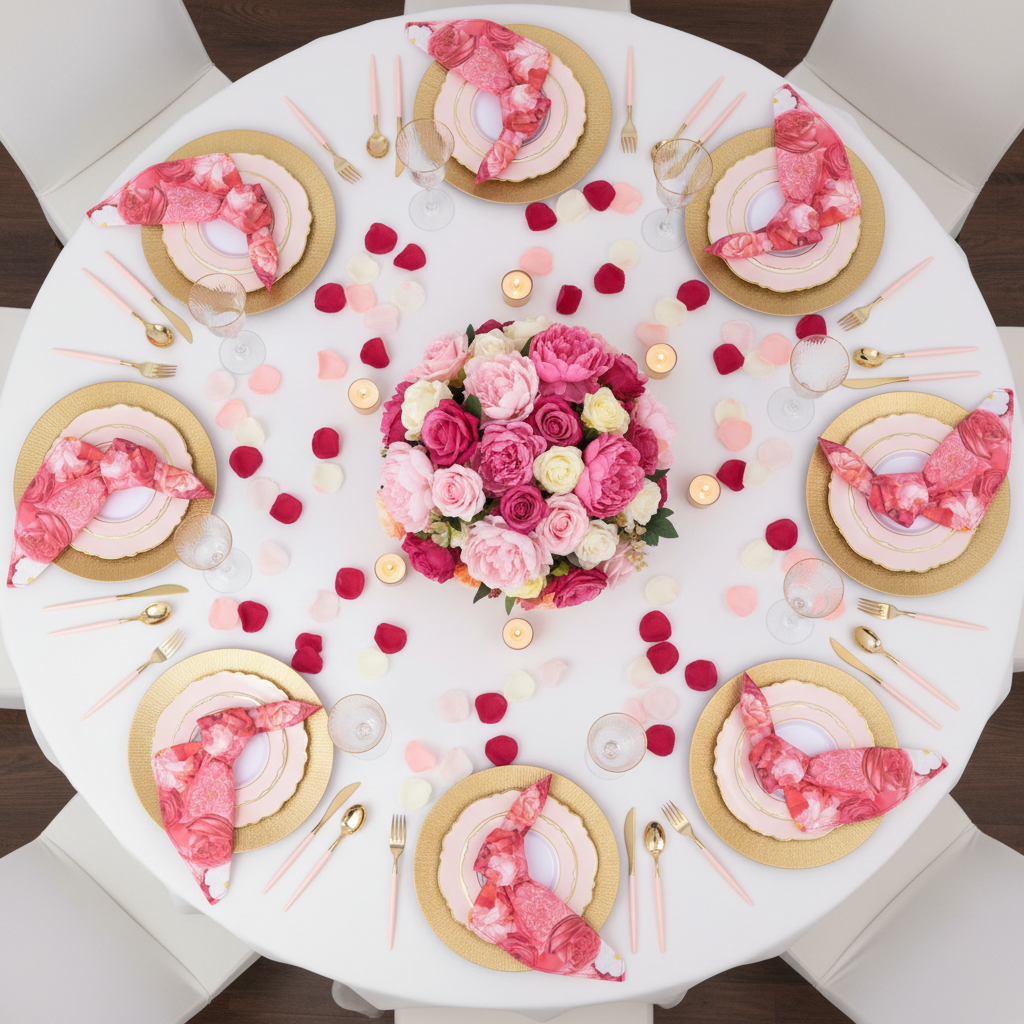 top view of Floral Peony Roses 20"x20" Linen Napkin (5pc/pk) - Fuchsia