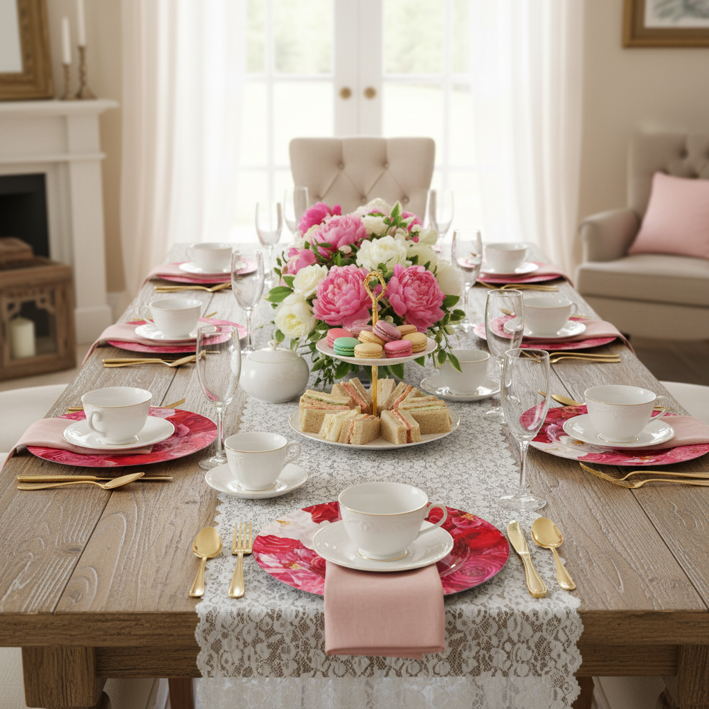 bridal shower tea party table setup with Floral Peony and Roses Acrylic Charger Plate - Fuchsia