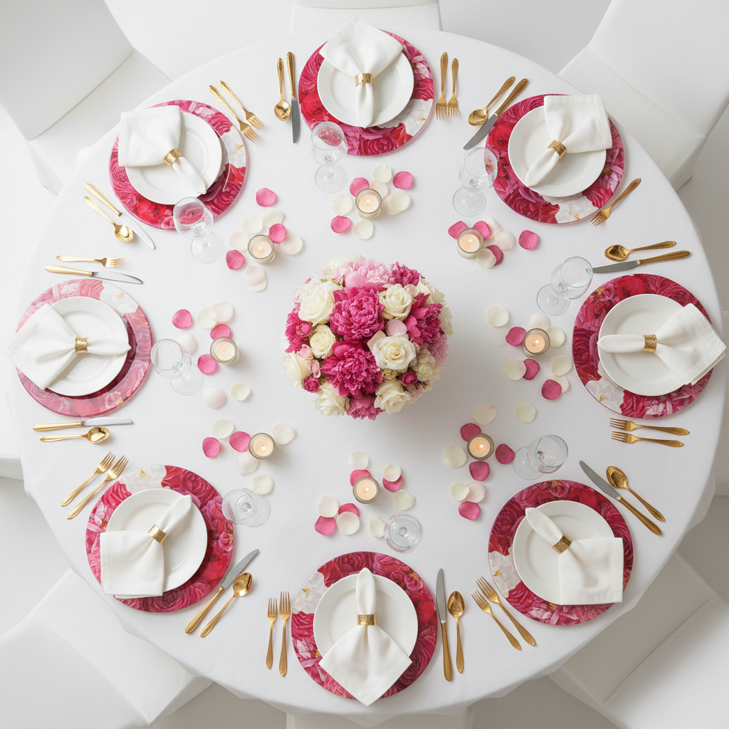 top view table detail with Floral Peony and Roses Acrylic Charger Plate - Fuchsia