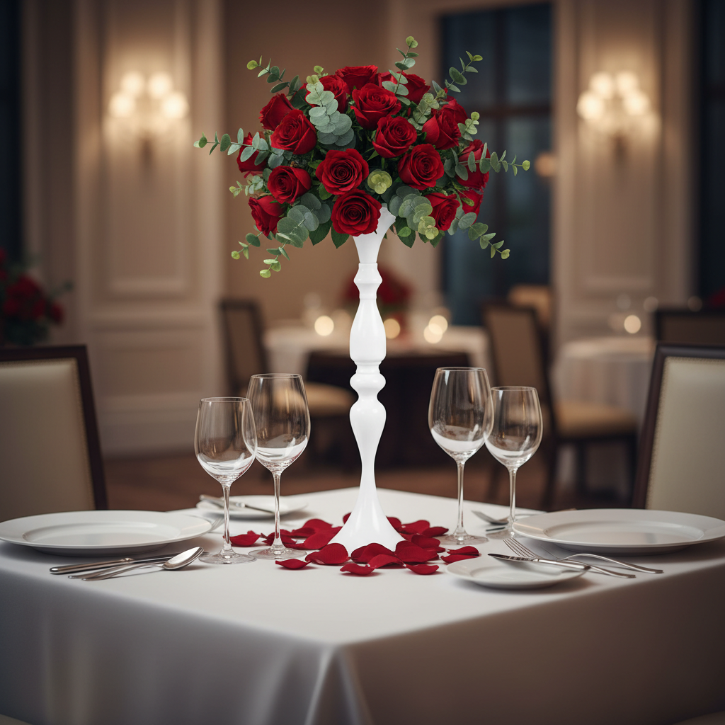 Flower Vase Riser Holder Centerpiece Stand 20"H - White with white dinner plate | glass goblets | white tablecloth | 