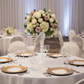 Flower Vase Riser Holder Centerpiece Stand 20"H - White with gold charger plate | glass goblets | white tablecloth | 