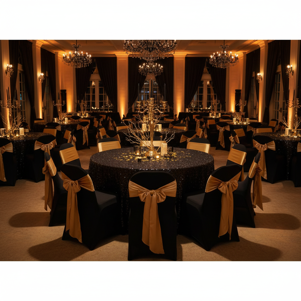 black and gold gala night with Folding Spandex Chair Cover - Black
