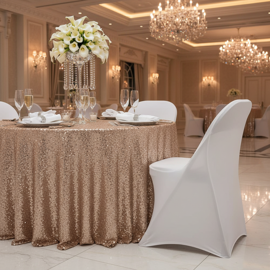 gala night setup using Folding Spandex Chair Cover - White with glitz sequin gold tablecloth