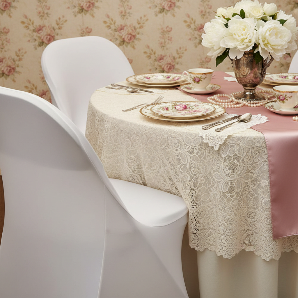 vintage tea party setup using Folding Spandex Chair Cover - White with lace overlay