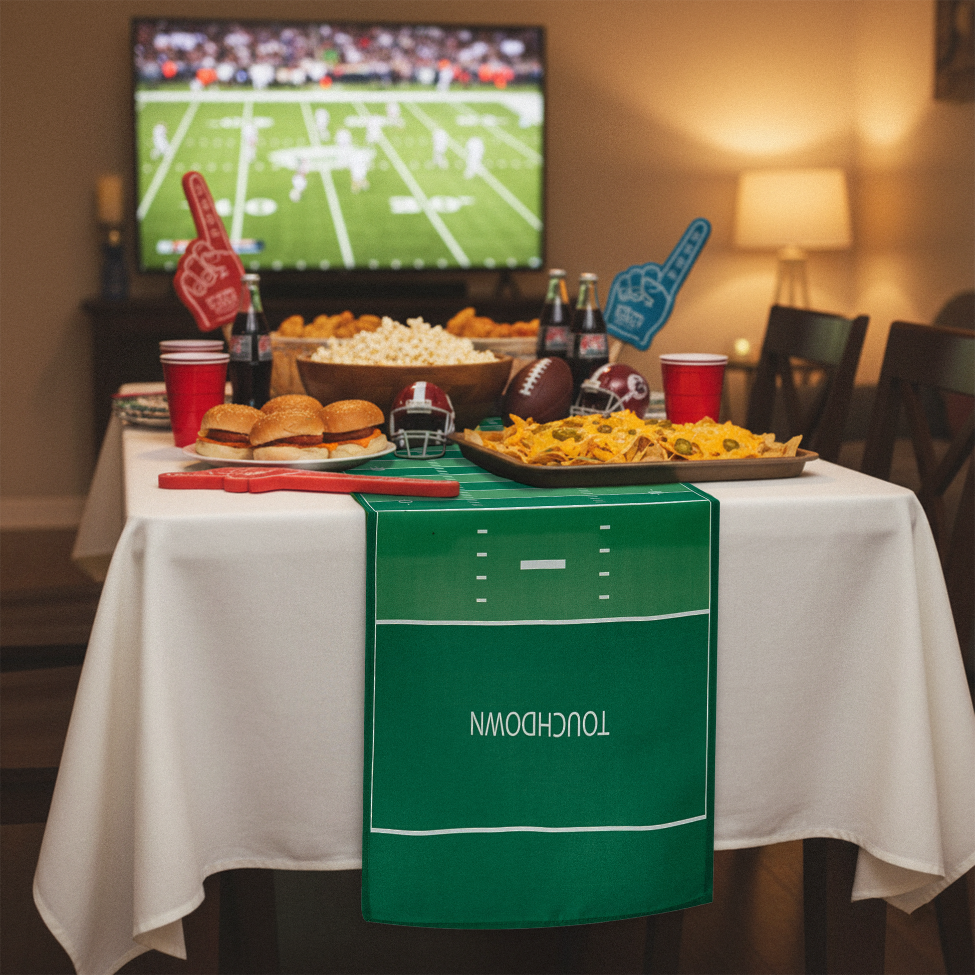 Football field sport table runner on top of white tablecloth for game day