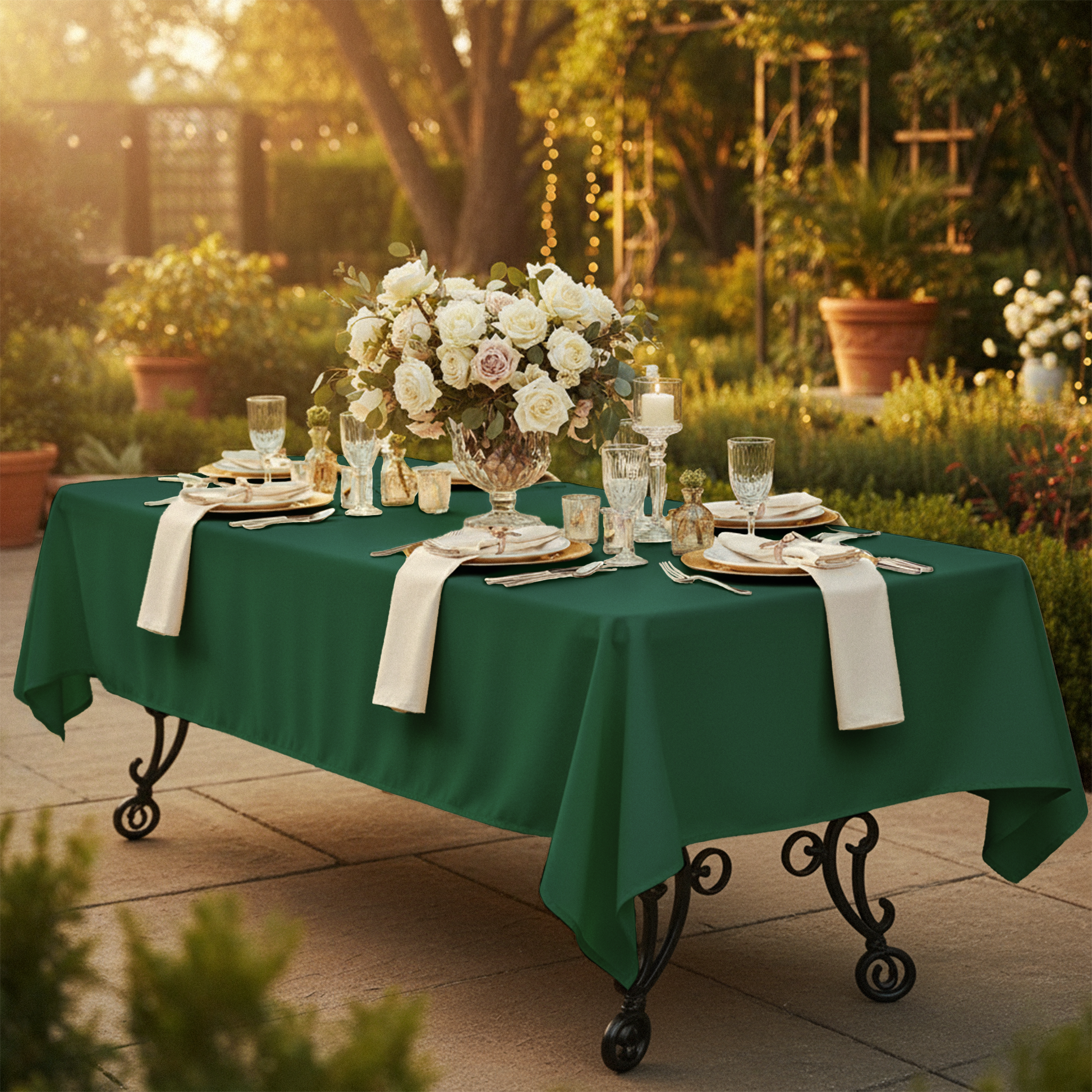 60"x120" Rectangular Premium Polyester Tablecloth Forest Green with gold charger plates, clear wine goblets, white napkins and floral centerpiece