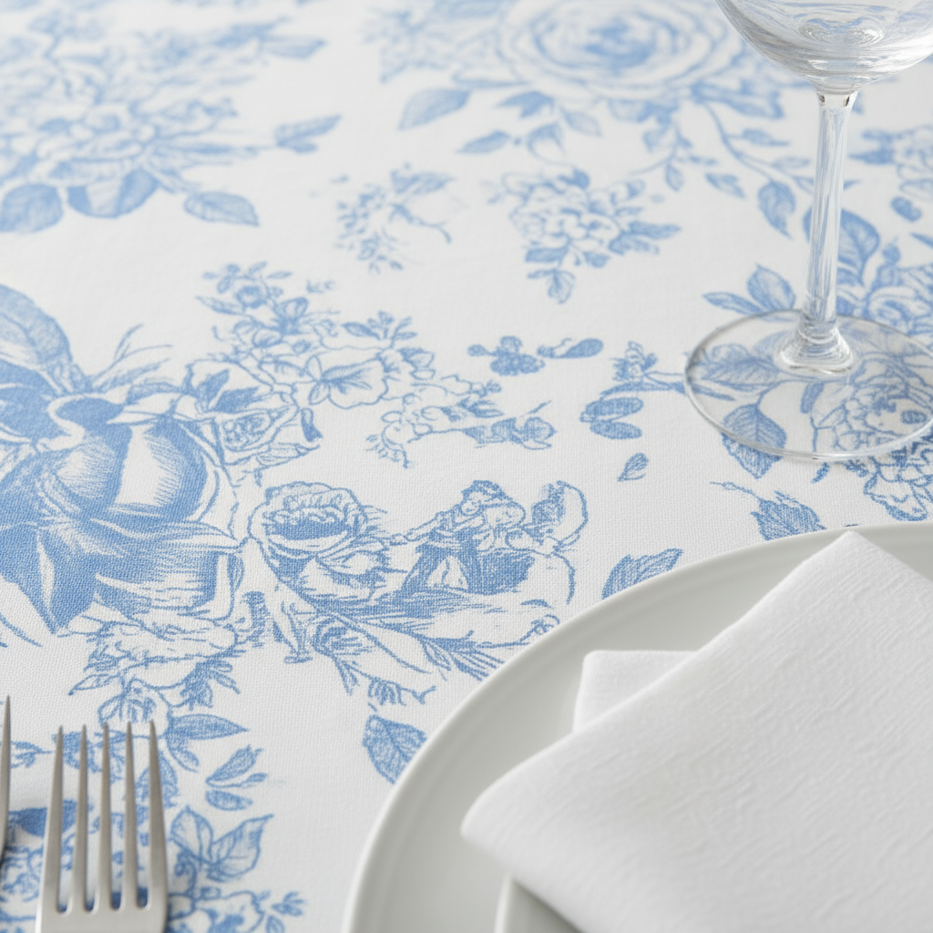 Baby Blue French Toile 120" Round Tablecloth | Polyester | Wedding | Event | Wholesale by CV Linens