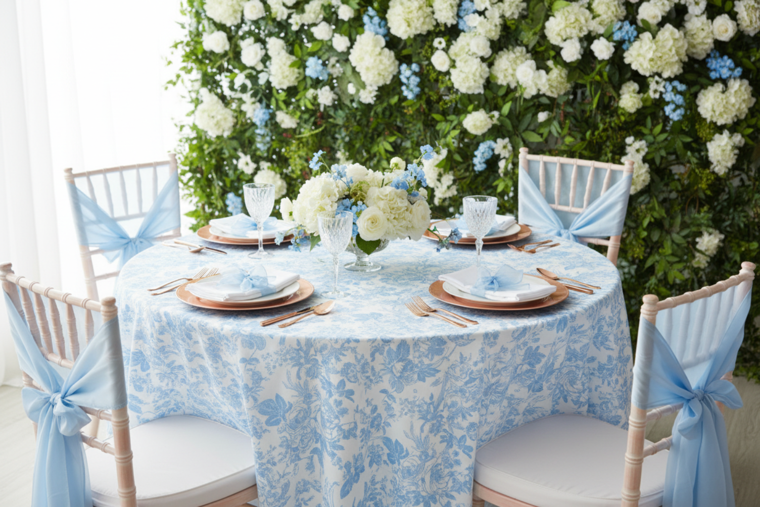baby shower with French Toile 120" Round Tablecloth - Blue
