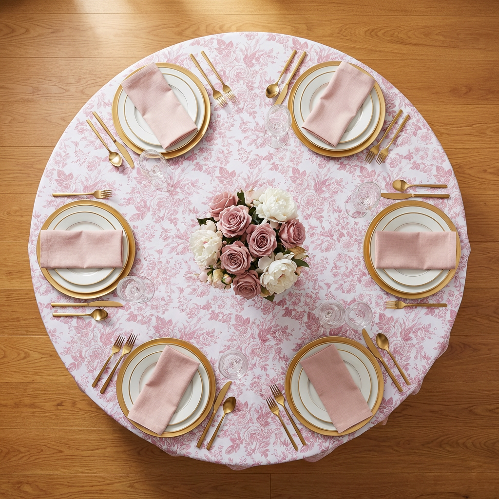 birds eye view of the French Toile 120" Round Tablecloth Dusty Rose/Mauve with polyester blush napkins, mixed floral centerpiece, wine glasses and gold silverware