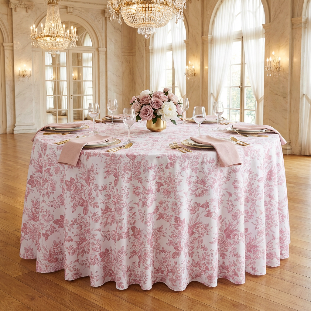 French Toile 120" Round Tablecloth Dusty Rose/Mauve with polyester blush napkins, mixed floral centerpiece, wine glasses and gold silverware