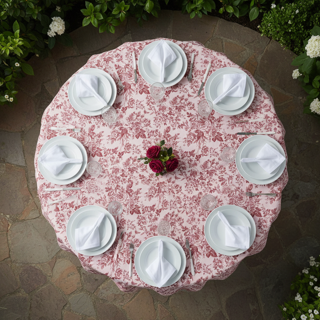 French Toile 120" Round Tablecloth - Burgundy Top View