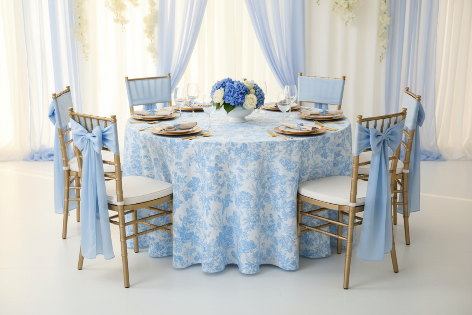 indoor birthday setup with French Toile 132" Round Tablecloth - Baby Blue