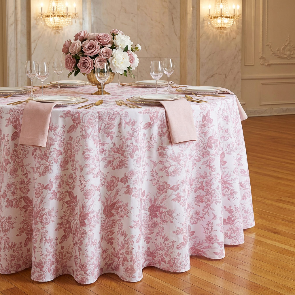 French Toile 132" Round Tablecloth Dusty Rose/Mauve with polyester blush napkins, mixed floral centerpiece, wine glasses and gold silverware