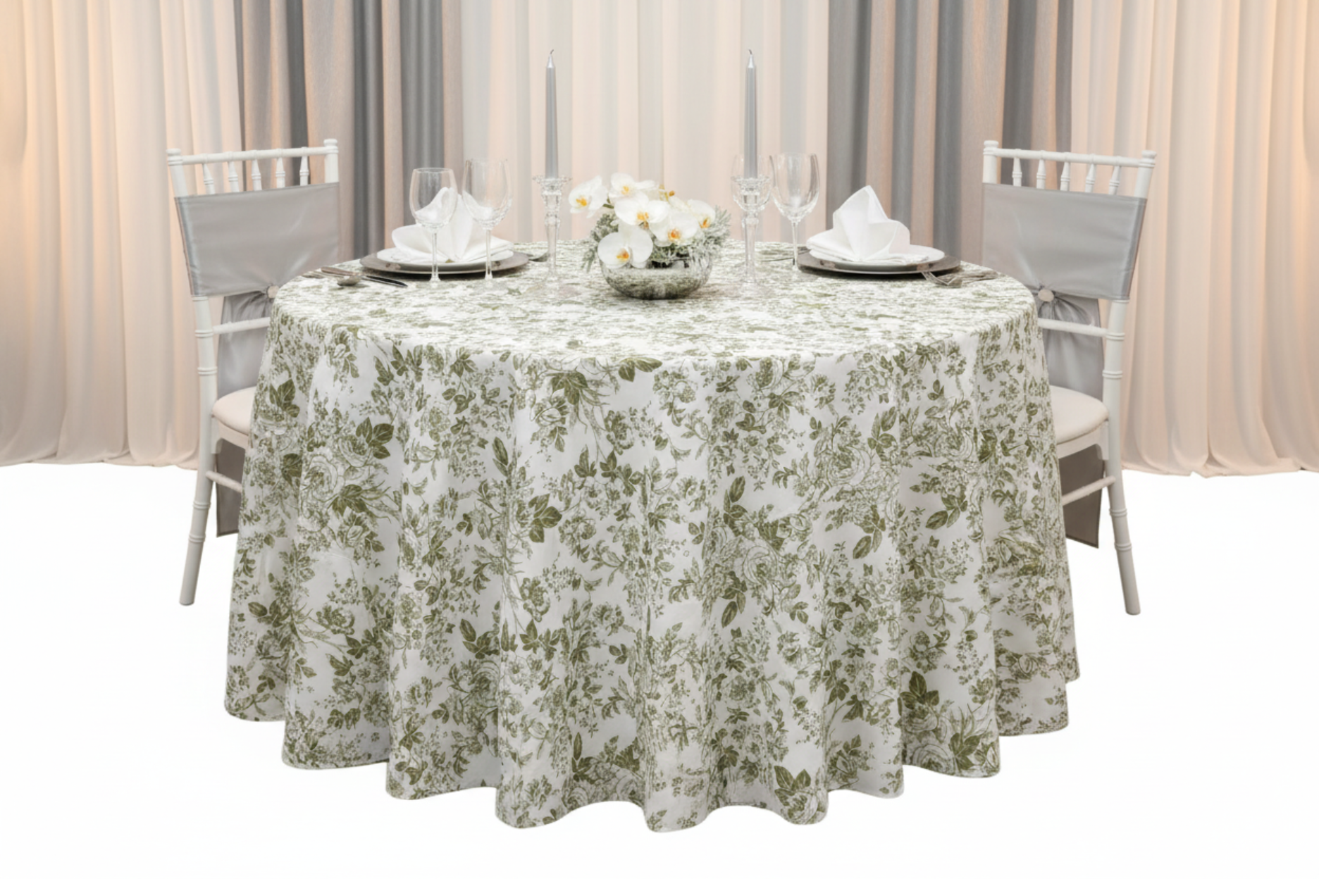 fine dining with French Toile 132" Round Tablecloth - Olive Green

