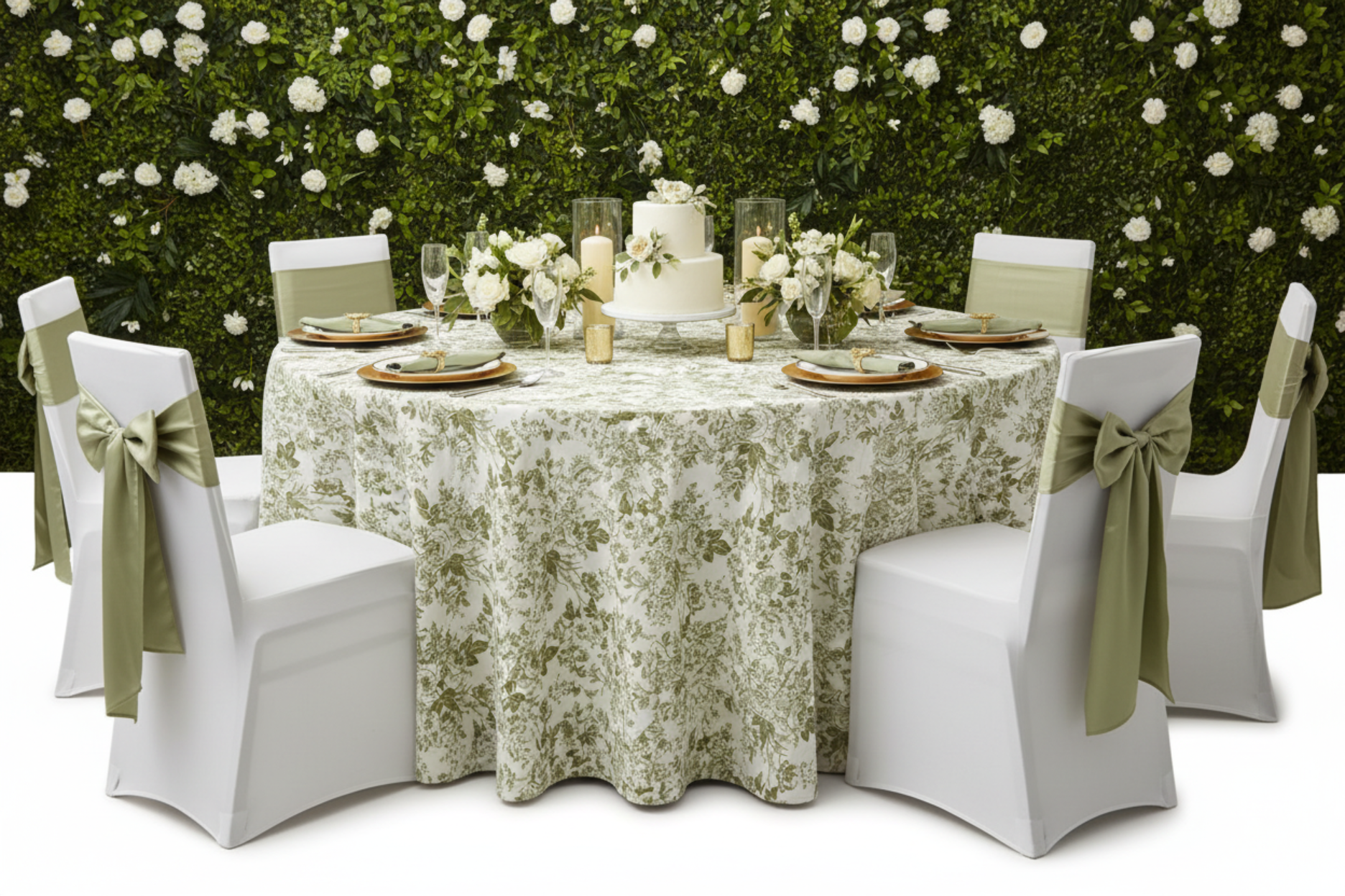 birthday celebration with French Toile 132" Round Tablecloth - Olive Green
