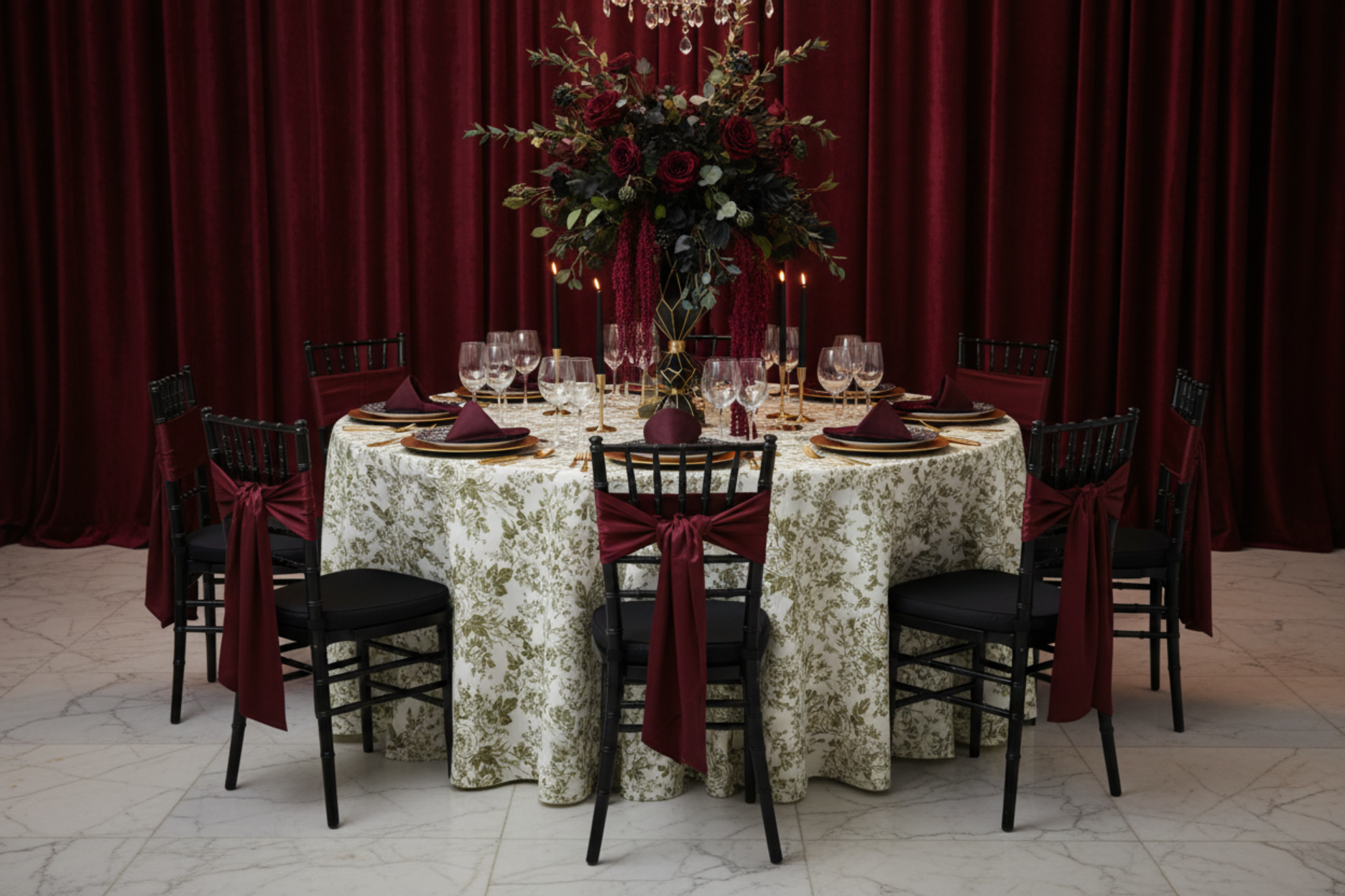 ballroom gala celebration with French Toile 132" Round Tablecloth - Olive Green
