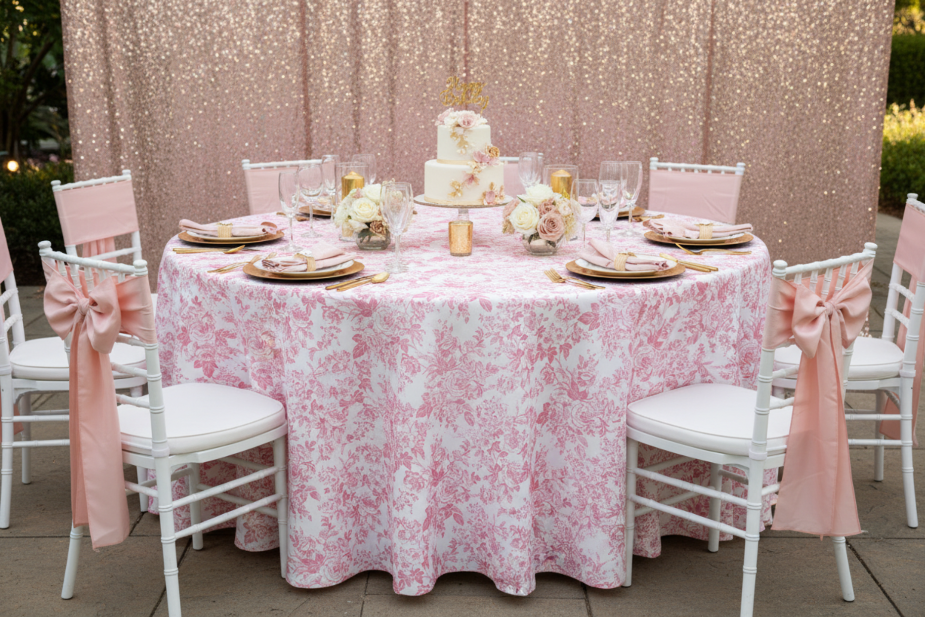 birthday celebration with French Toile 132" Round Tablecloth - Pink
