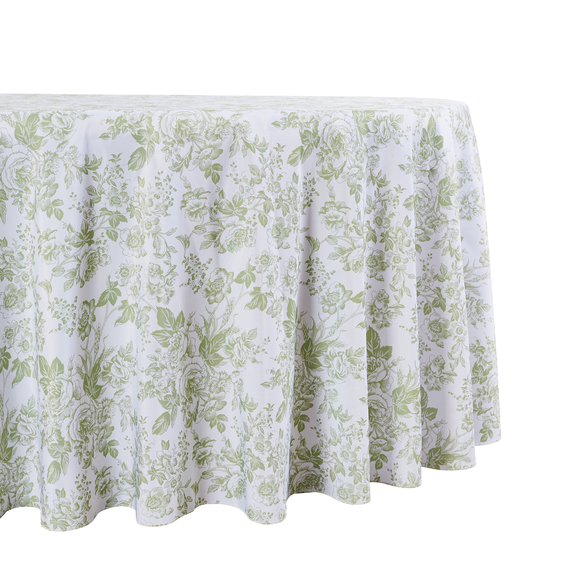 French Toile 132" Round Tablecloth Sage Green close up