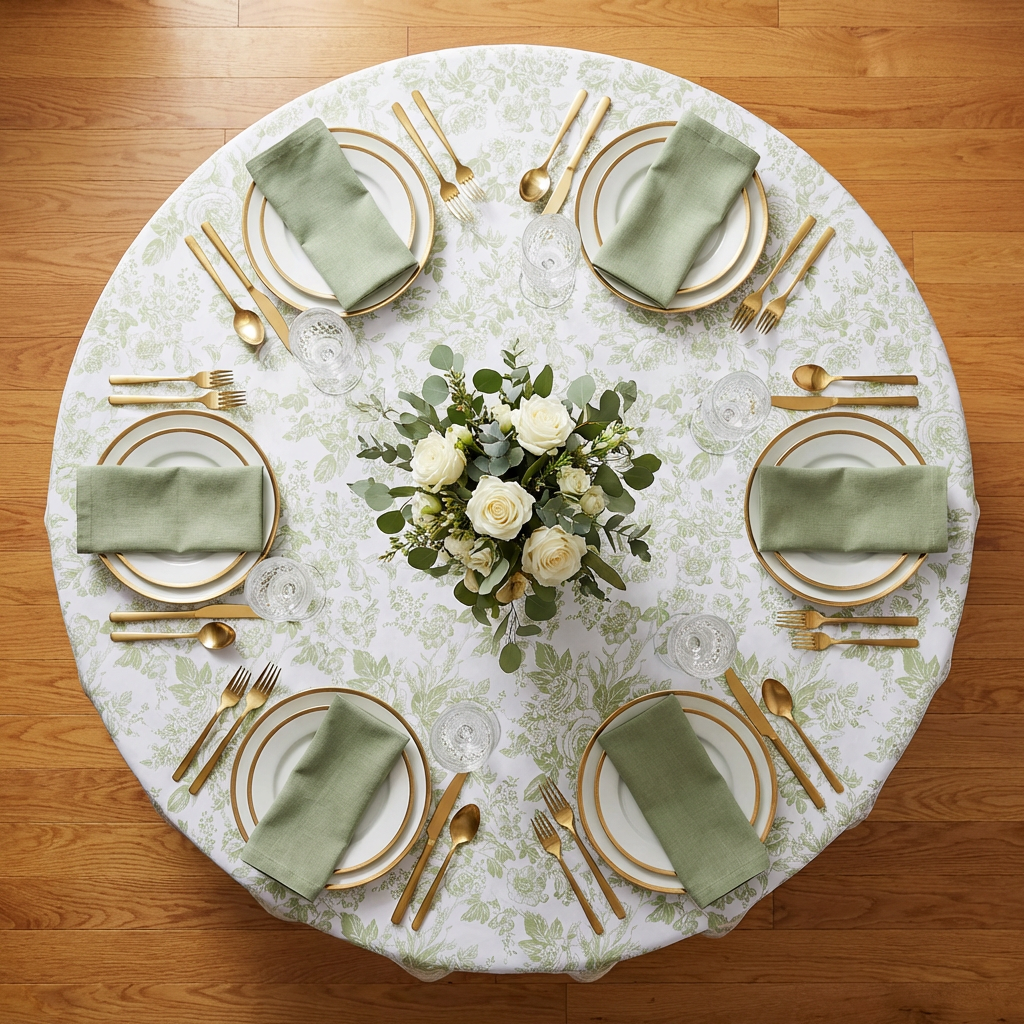 birds eye view table mockup with the French Toile 132" Round Tablecloth Sage Green, napkins sage green, white roses centerpiece and wine goblets