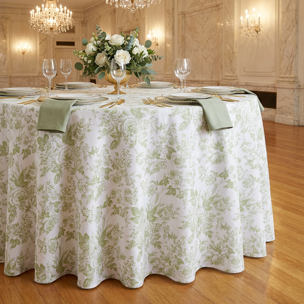 table mockup close up with the French Toile 132" Round Tablecloth Sage Green, napkins sage green, white roses centerpiece and wine goblets