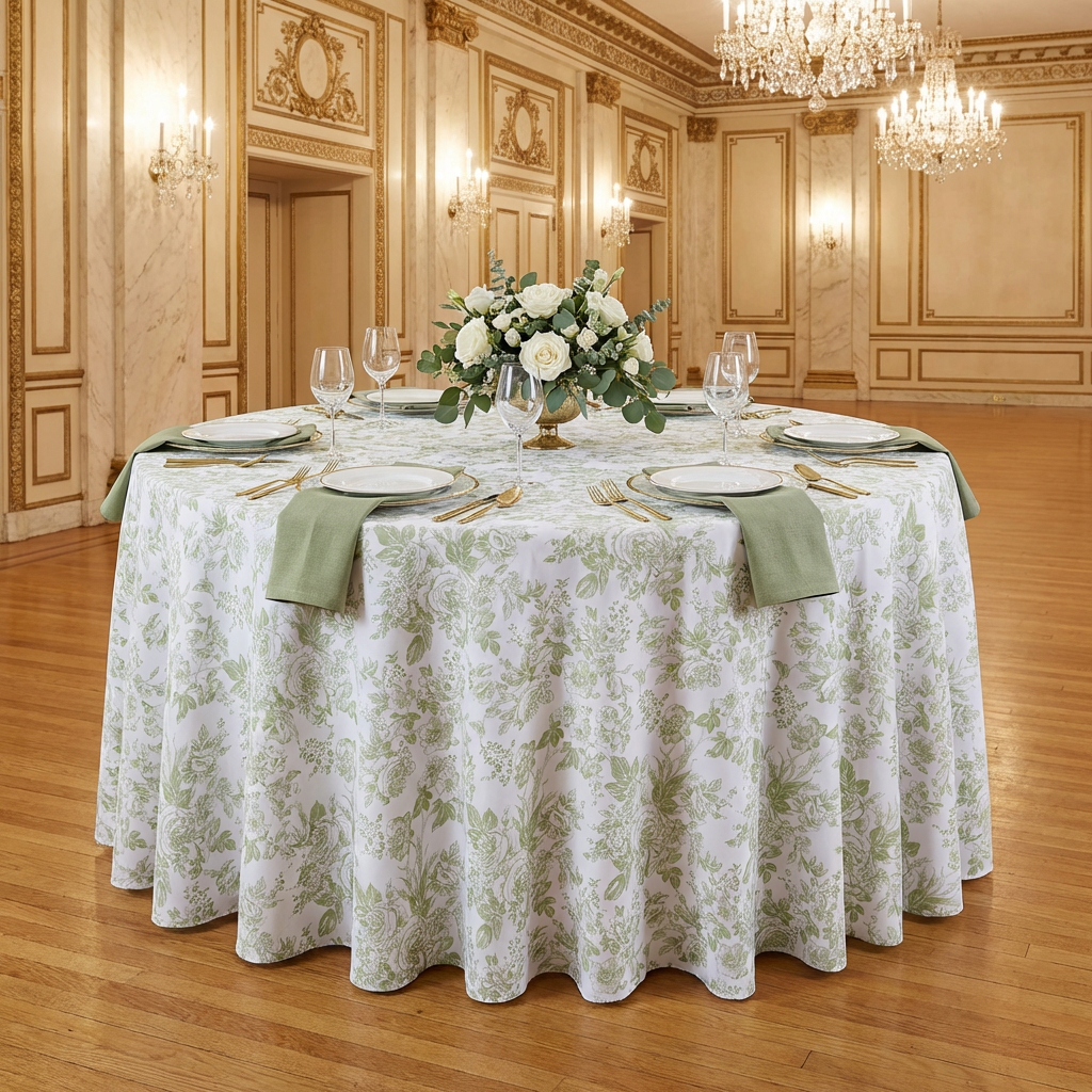 table mockup with the French Toile 132" Round Tablecloth Sage Green, napkins sage green, white roses centerpiece and wine goblets