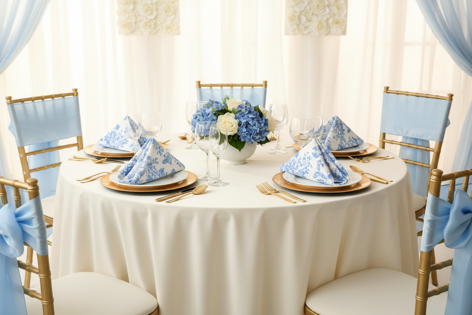 baby shower with French Toile 20"x20" Linen Napkin (5pc/pk) - Baby Blue and ivory tablecloth