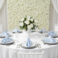 wedding reception with French Toile 20"x20" Linen Napkin (5pc/pk) - Baby Blue on top of silver charger plate and white tablecloth