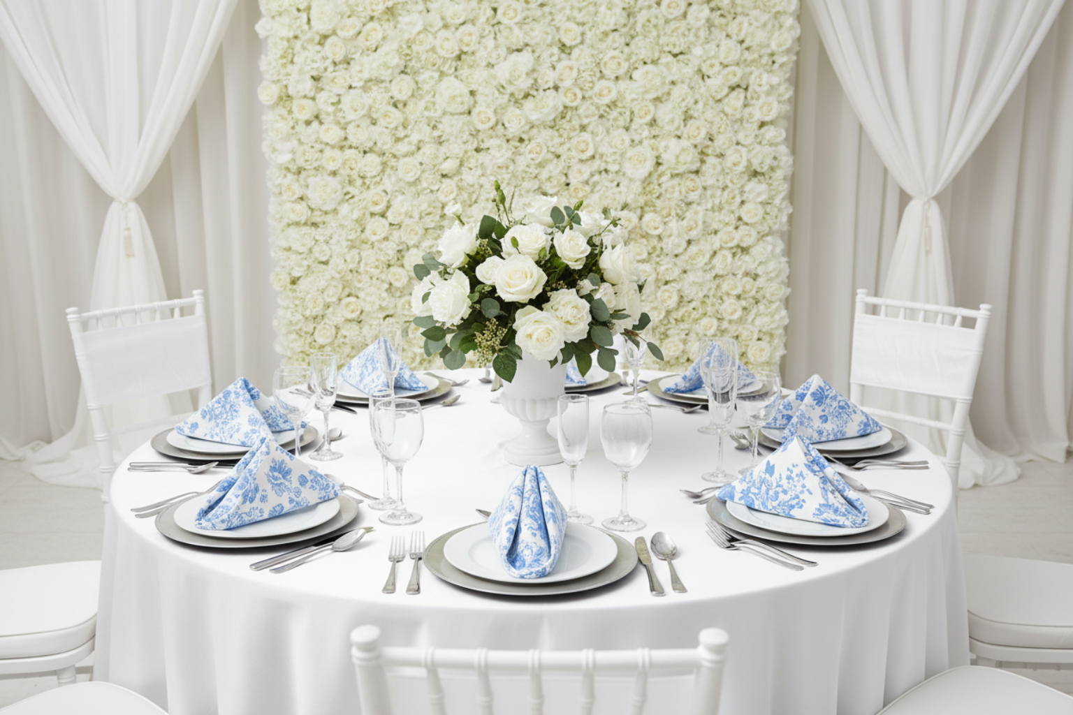 wedding reception with French Toile 20"x20" Linen Napkin (5pc/pk) - Baby Blue on top of silver charger plate and white tablecloth