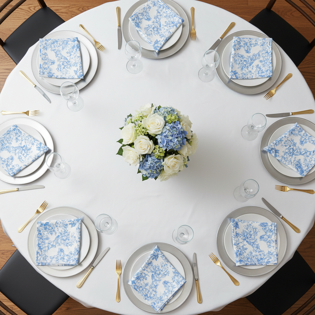 top view of French Toile 20"x20" Linen Napkin (5pc/pk) - Baby Blue on white tablecloth and silver charger plate
