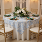 French Toile 72" Square Tablecloth/Overlay - Baby Blue | tablecloth | charger plate | dinner plate | wine goblet | napkin |