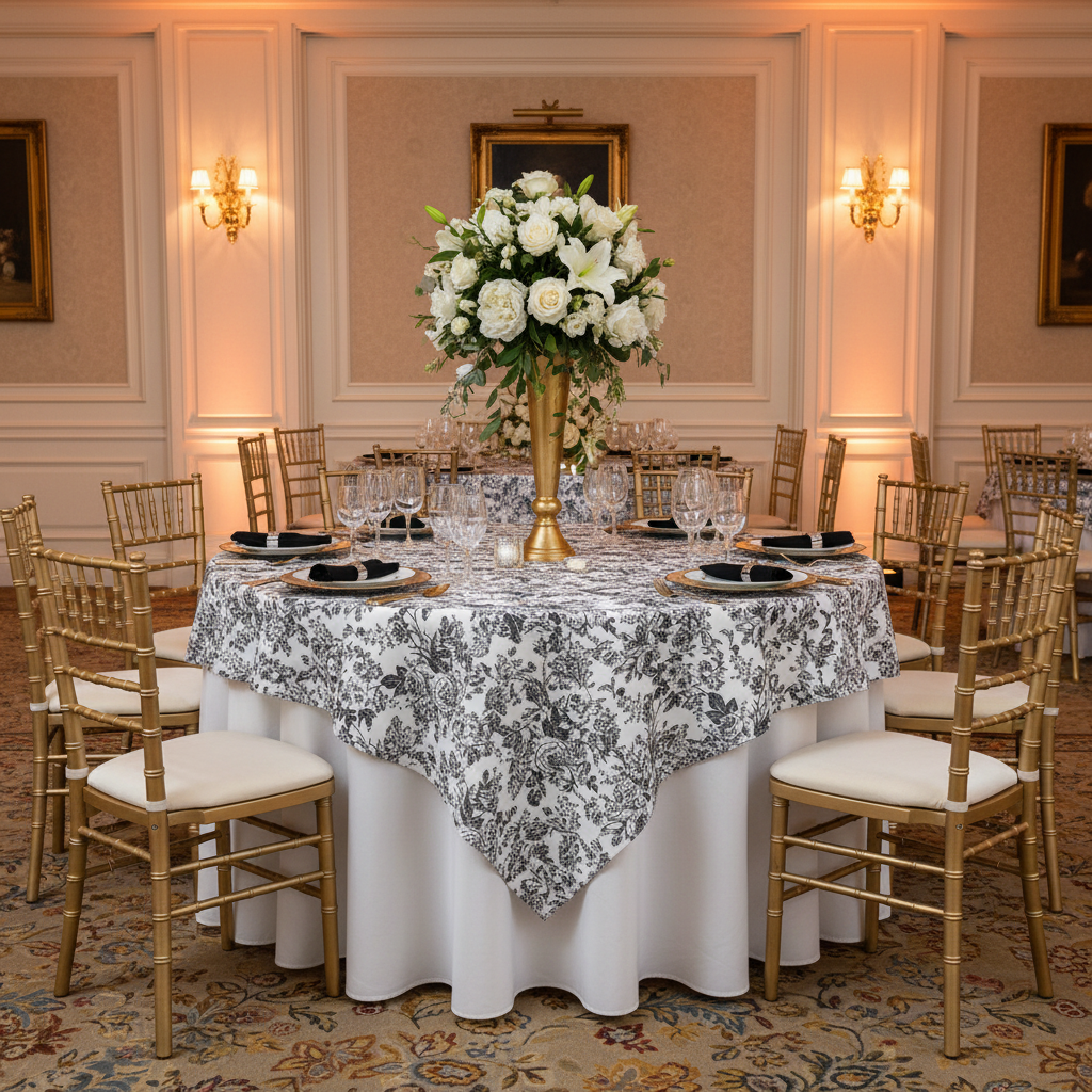 French Toile 72" Square Tablecloth/Overlay - Black | charger plate | dinner plate | tablecloth| napkin | 