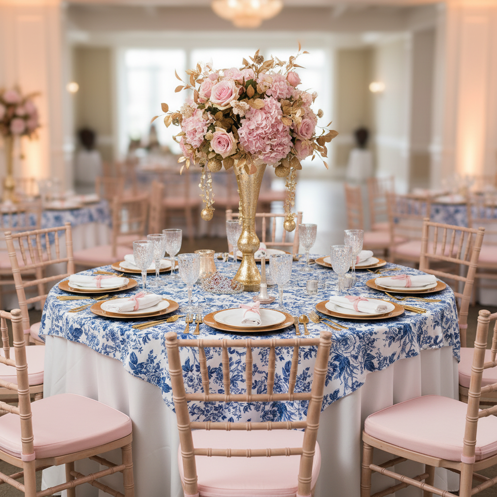 French Toile 72" Square Tablecloth/Overlay - Blue | charger plate | napkin | wine goblet |