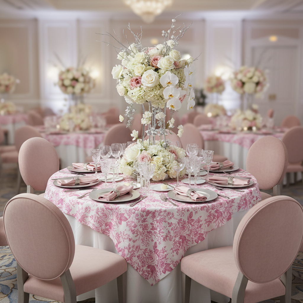 French Toile 72" Square Tablecloth/Overlay - Pink | charger plate | napkin | wine goblet |