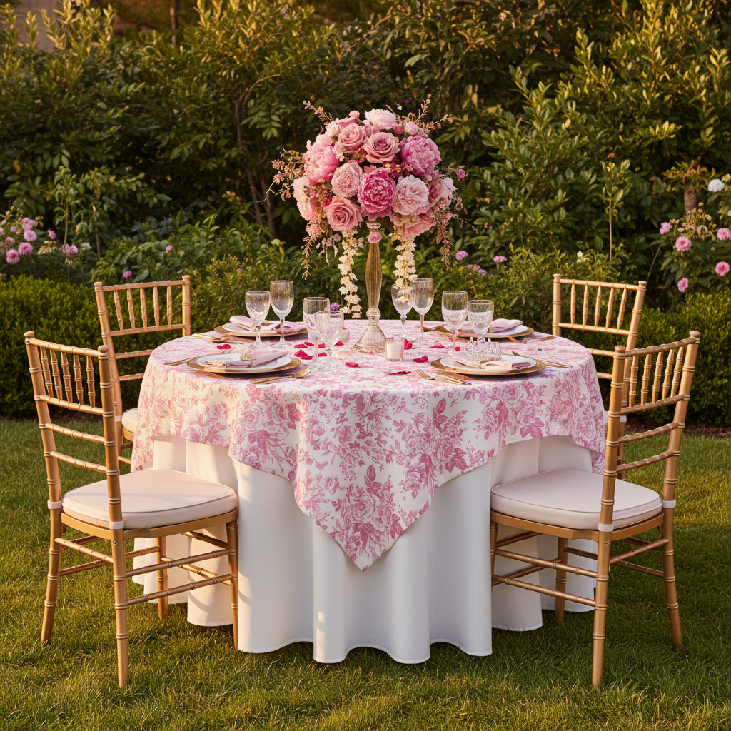 French Toile 72" Square Tablecloth/Overlay - Pink | charger plate | napkin | wine goblet |