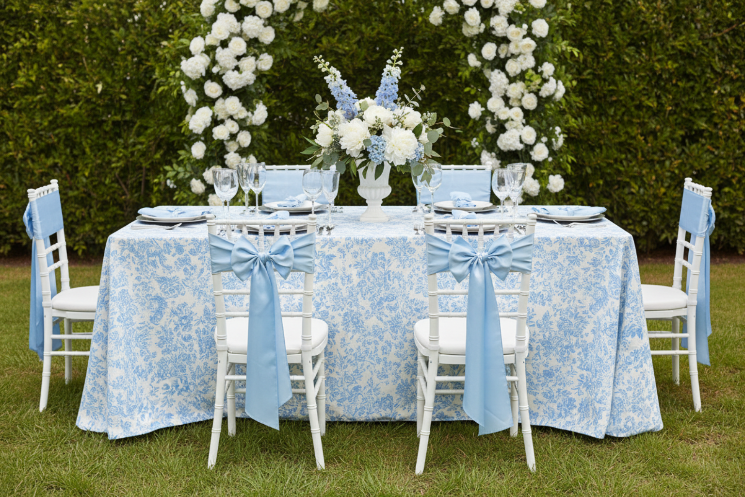 outdoor garden baby shower with French Toile 90"x132" Rectangular Tablecloth - Baby Blue