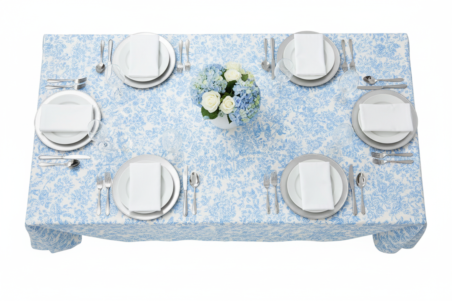 top view of French Toile 90"x132" Rectangular Tablecloth - Baby Blue

