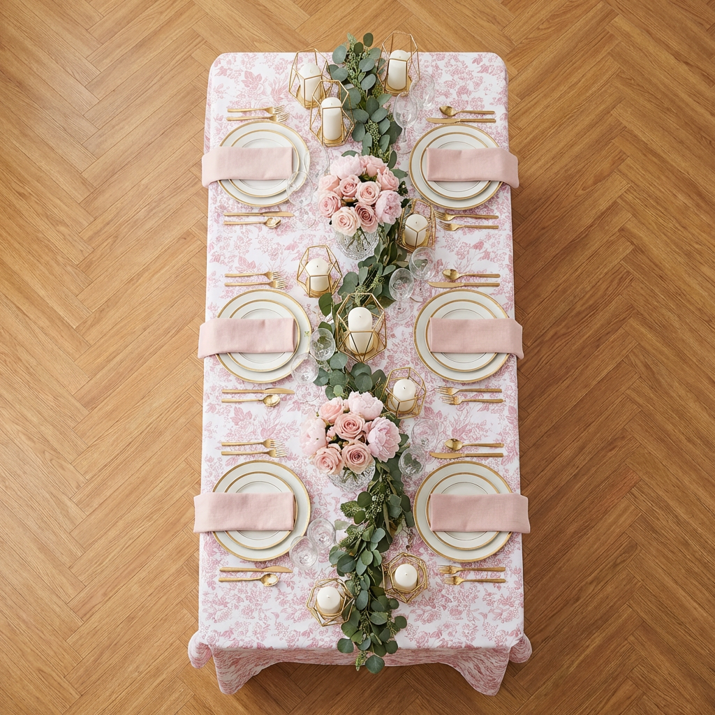 birds eye view of the French Toile 90"x132" Rectangular Tablecloth Dusty Rose/Mauve table setting with blush napkins, gold silverware, white/gold dinner ware and geenery table runner