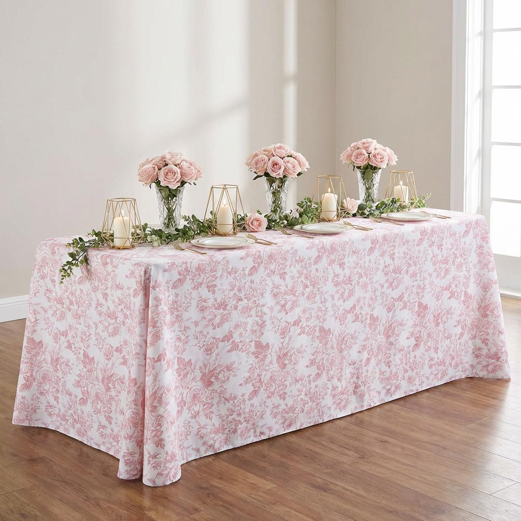 table setting with the French Toile 90"x132" Rectangular Tablecloth Dusty Rose/Mauve, pillar candles and roses floral centerpiece