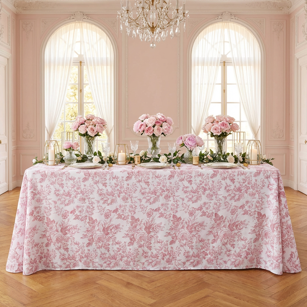 table setting with the French Toile 90"x132" Rectangular Tablecloth Dusty Rose/Mauve , wine glasses, floral centerpieces and pillar candles