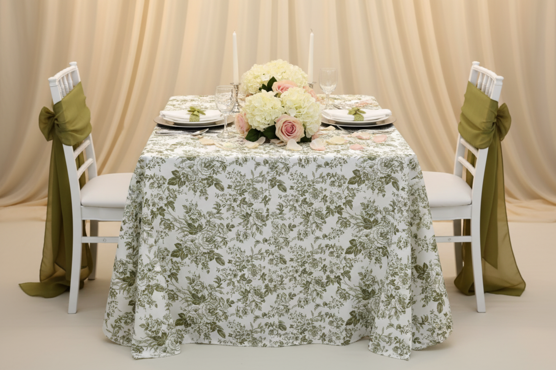 anniversary setup using French Toile 90"x132" Rectangular Tablecloth - Olive Green
