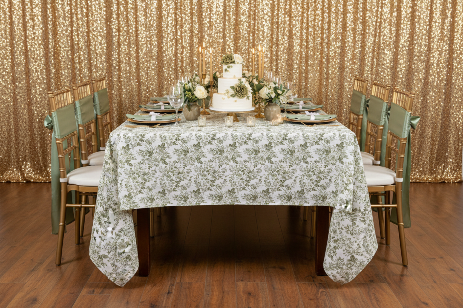 birthday dinner using French Toile 90"x132" Rectangular Tablecloth - Olive Green
