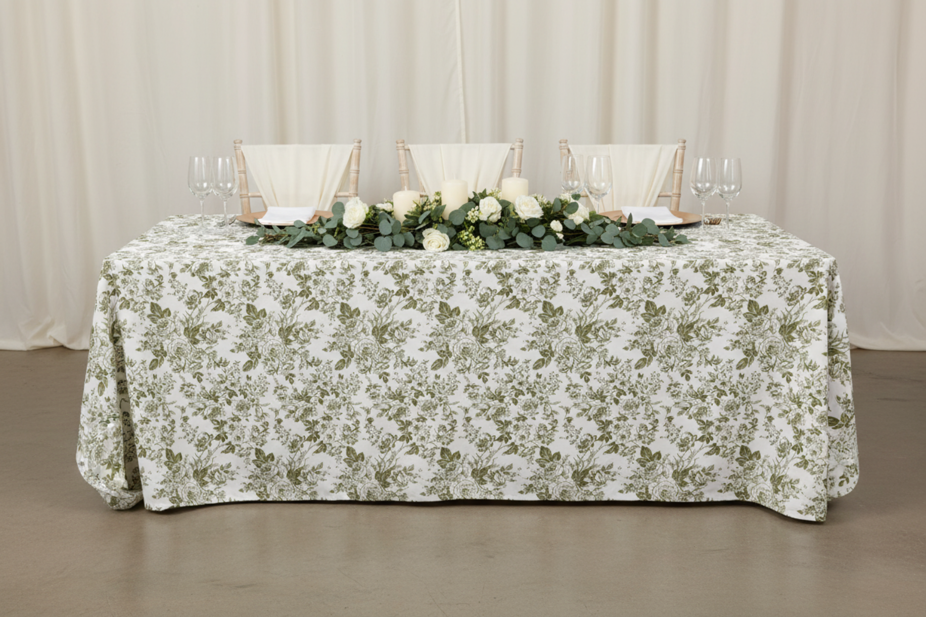 front view using French Toile 90"x132" Rectangular Tablecloth - Olive Green
