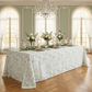French Toile 90"x132" Rectangular Tablecloth Sage Green with sage green napkins, rose floral centerpieces and wine glasses